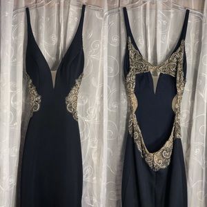 Faviana S7916 Navy Blue Prom Dress, with open back